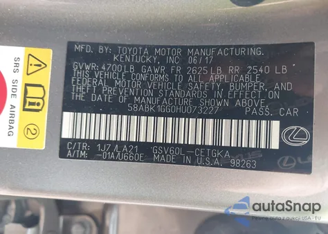 2017 Lexus Es 350 из США, поврежденный, VIN 58ABK1GG0HU073227